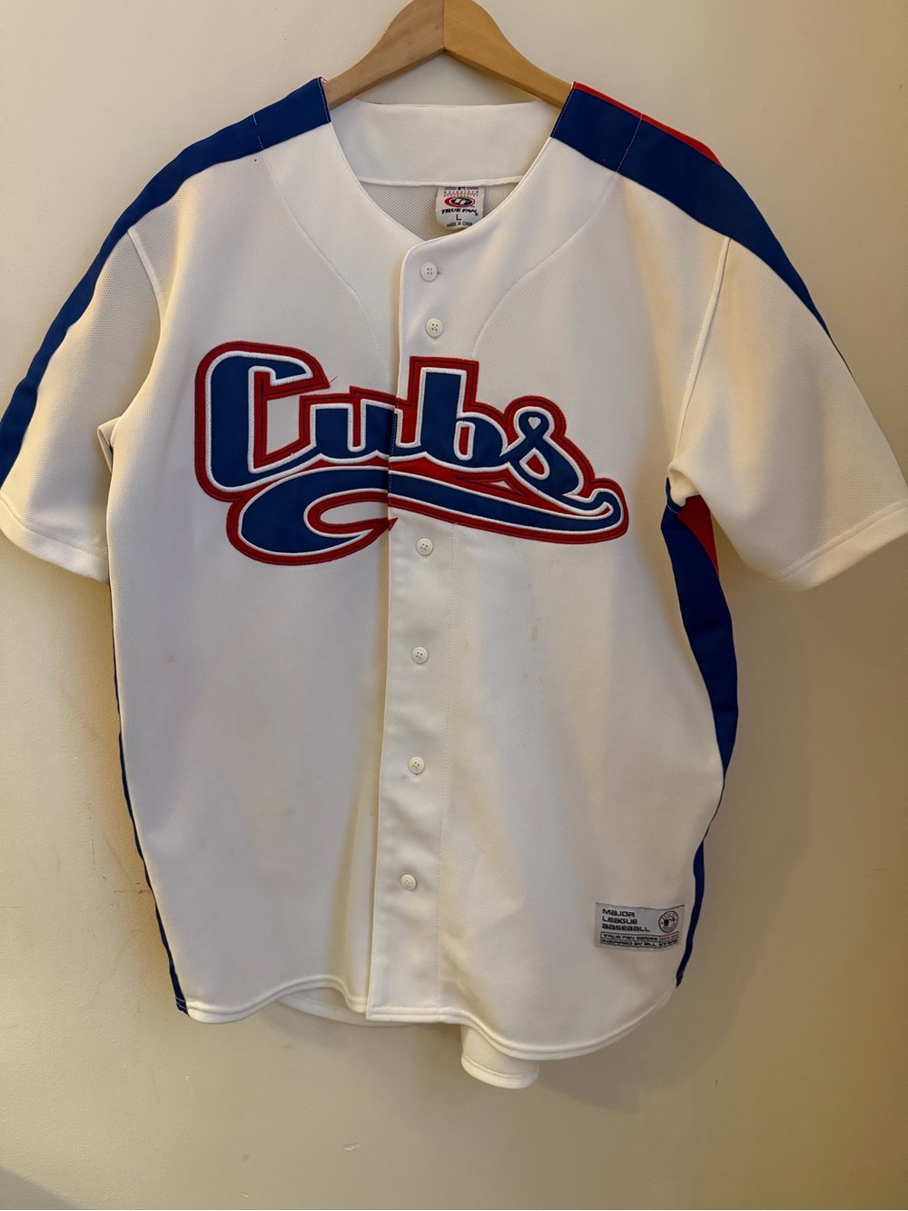 Cubs Men’s White Baseball Jersey with Blue & Red Trim
